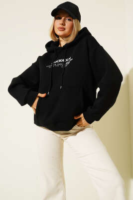 Kapüşonlu Stockholm Baskılı Sweatshirt Siyah 