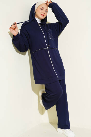 Kapüşonlu Taş Detay Cepli Loyşa İkili Takım Lacivert - İkili Takım