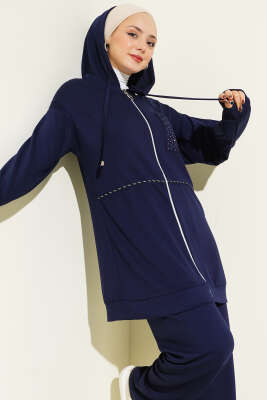 Kapüşonlu Taş Detay Cepli Loyşa İkili Takım Lacivert - İkili Takım