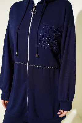 Kapüşonlu Taş Detay Cepli Loyşa İkili Takım Lacivert - İkili Takım