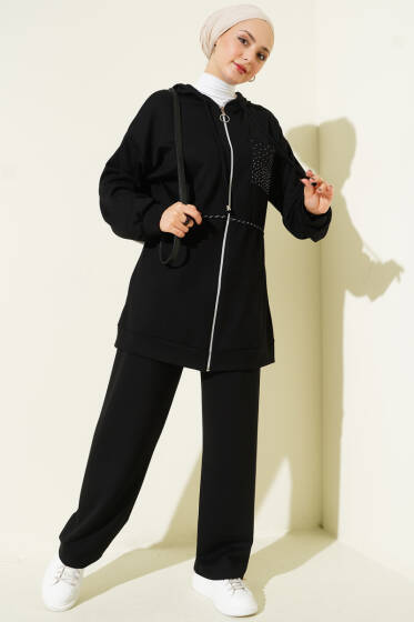Kapüşonlu Taş Detay Cepli Loyşa İkili Takım Siyah - İkili Takım