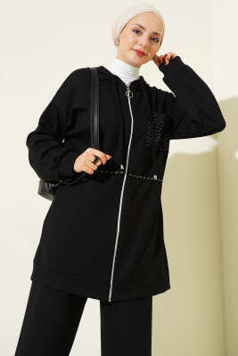 Kapüşonlu Taş Detay Cepli Loyşa İkili Takım Siyah - İkili Takım