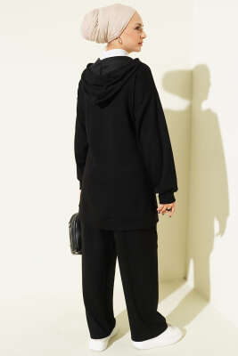 Kapüşonlu Taş Detay Cepli Loyşa İkili Takım Siyah - İkili Takım