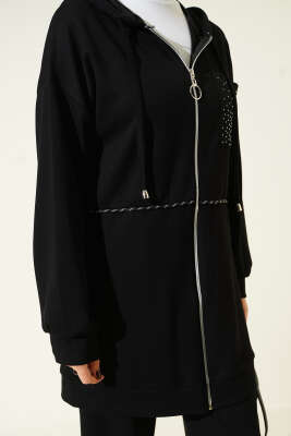 Kapüşonlu Taş Detay Cepli Loyşa İkili Takım Siyah - İkili Takım