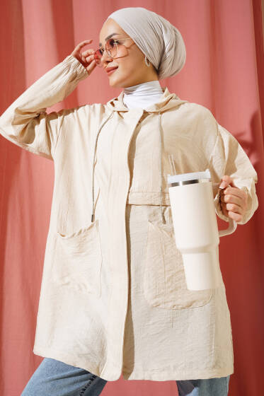 Kapüşonlu Torba Cep Kap Bej - Dış Giyim&Mont