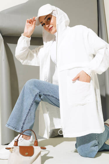 Kapüşonlu Torba Cep Kap Ekru - Dış Giyim&Mont