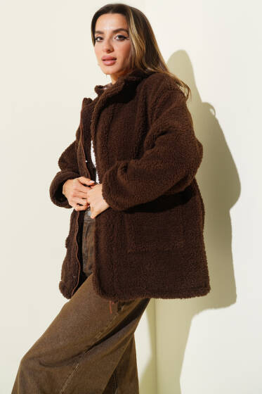 Kapüşonlu Torba Cepli Peluş Mont Kahve - Kadın Giyim Modelleri
