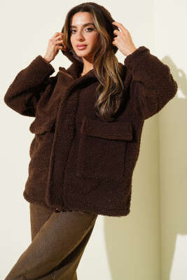 Kapüşonlu Torba Cepli Peluş Mont Kahve - Kadın Giyim Modelleri
