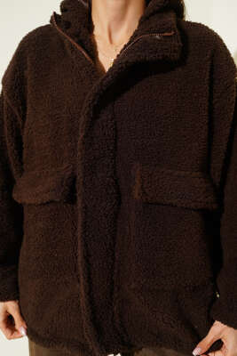 Kapüşonlu Torba Cepli Peluş Mont Kahve - Kadın Giyim Modelleri