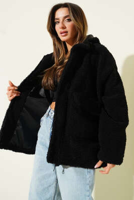 Kapüşonlu Torba Cepli Peluş Mont Siyah - TİLLE