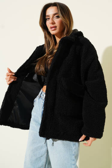 Kapüşonlu Torba Cepli Peluş Mont Siyah - Kadın Giyim Modelleri