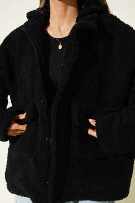 Kapüşonlu Torba Cepli Peluş Mont Siyah - Kadın Giyim Modelleri