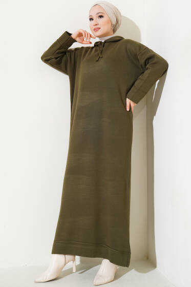 Kapüşonlu Triko Elbise Haki - Elbise