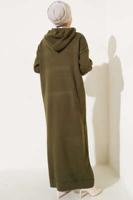 Kapüşonlu Triko Elbise Haki - Tesettür Elbise