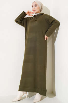 Kapüşonlu Triko Elbise Haki - RAFİMİX
