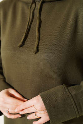 Kapüşonlu Triko Elbise Haki - Tesettür Elbise