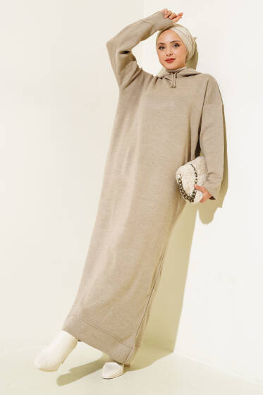 Kapüşonlu Triko Elbise Vizon - Elbise