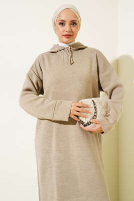 Kapüşonlu Triko Elbise Vizon - Tesettür Elbise
