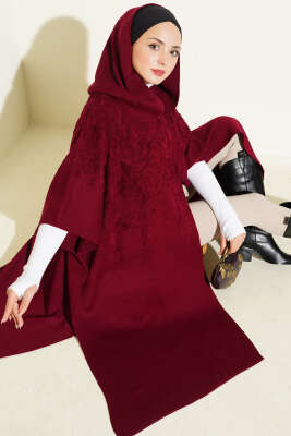 Kapüşonlu Triko Panço Bordo - ULUDAĞ TRİKO