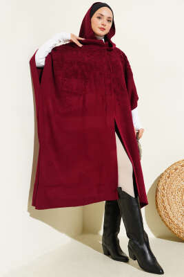 Kapüşonlu Triko Panço Bordo - Panço