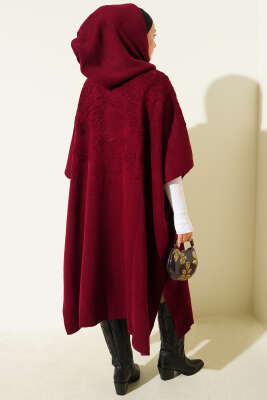 Kapüşonlu Triko Panço Bordo - Panço