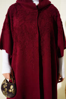 Kapüşonlu Triko Panço Bordo - Panço