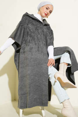 Kapüşonlu Triko Panço Füme - ULUDAĞ TRİKO