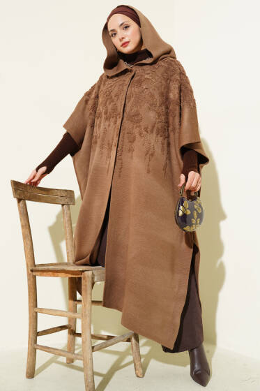 Kapüşonlu Triko Panço Latte - Panço