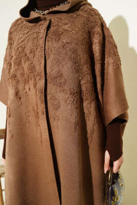 Kapüşonlu Triko Panço Latte - Panço