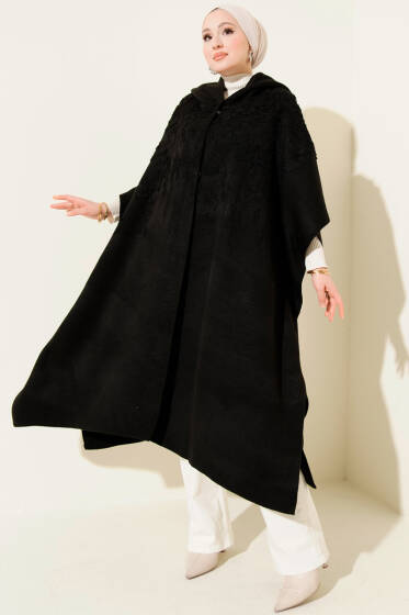 Kapüşonlu Triko Panço Siyah - Panço