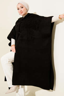 Kapüşonlu Triko Panço Siyah - Panço