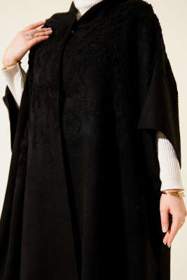 Kapüşonlu Triko Panço Siyah - Panço