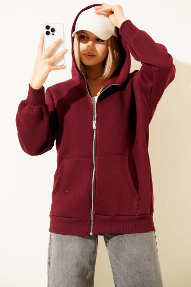 Kapüşonlu Üç İpli Cepli Hırka Bordo - Kadın Giyim Modelleri