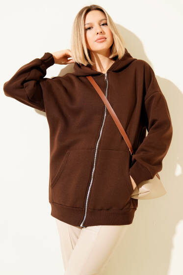 Kapüşonlu Üç İpli Cepli Hırka Kahve - Kadın Giyim Modelleri