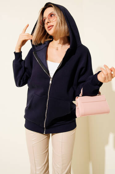 Kapüşonlu Üç İpli Cepli Hırka Lacivert - Kadın Giyim Modelleri