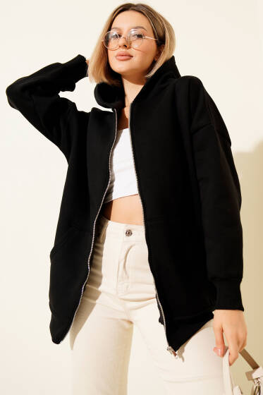 Kapüşonlu Üç İpli Cepli Hırka Siyah - Kadın Giyim Modelleri