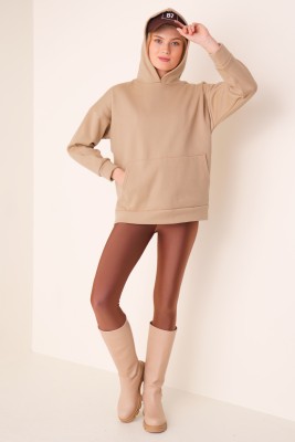 Kapüşonlu Üç İplik Camel Sweatshirt - Kadın Giyim Modelleri