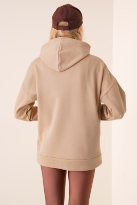 Kapüşonlu Üç İplik Camel Sweatshirt - Kadın Giyim Modelleri