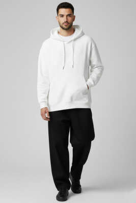 Kapüşonlu Üç İplik Erkek Sweatshirt Beyaz - Erkek Sweatshirt