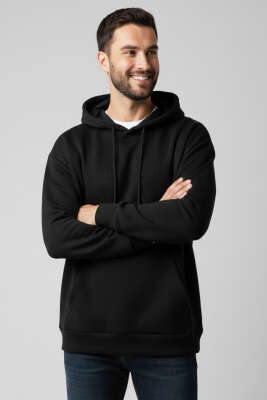 Kapüşonlu Üç İplik Erkek Sweatshirt Siyah - Erkek Sweatshirt