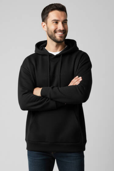 Kapüşonlu Üç İplik Erkek Sweatshirt Siyah - Erkek Sweatshirt