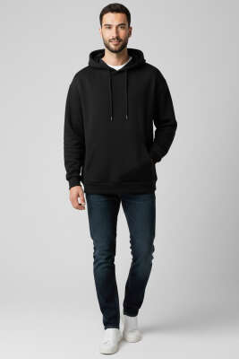 Kapüşonlu Üç İplik Erkek Sweatshirt Siyah - Erkek Sweatshirt