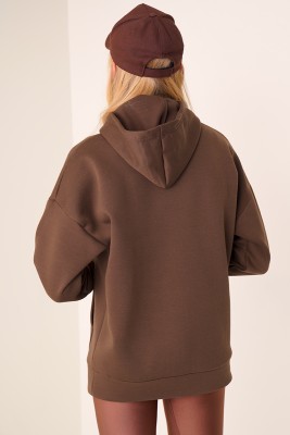 Kapüşonlu Üç İplik Kestane Sweatshirt - Kadın Giyim Modelleri