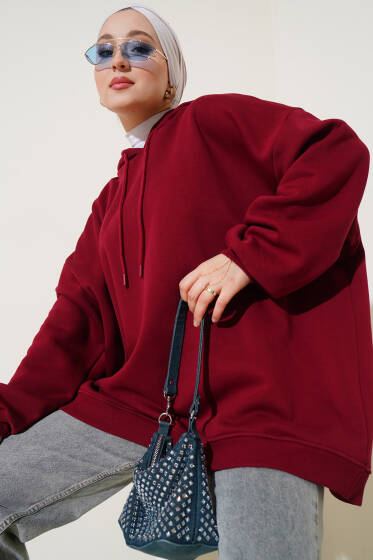 Kapüşonlu Üç İplik Oversize Sweatshirt Bordo - Tunik