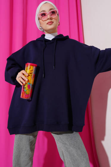 Kapüşonlu Üç İplik Oversize Sweatshirt Lacivert - Tunik