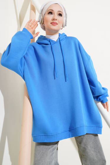 Kapüşonlu Üç İplik Oversize Sweatshirt Mavi - Tunik