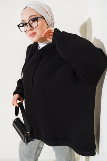 Kapüşonlu Üç İplik Oversize Sweatshirt Siyah - Tunik