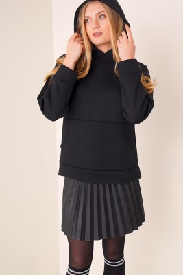 Kapüşonlu Üç İplik Siyah Sweatshirt 