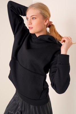 Kapüşonlu Üç İplik Siyah Sweatshirt - Kadın Giyim Modelleri
