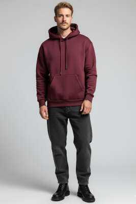 Kapüşonlu Üç İplik Sweatshirt Bordo - Erkek Sweatshirt